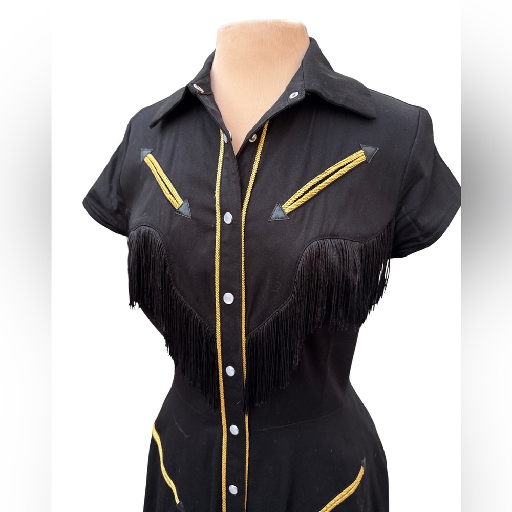 Unique Vintage Black Western Dress with gold trim and fringe - Picture 3 of 4
